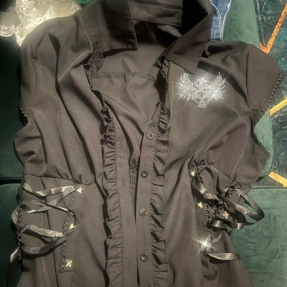 Black Button-Up Shirt with Embroidered Design